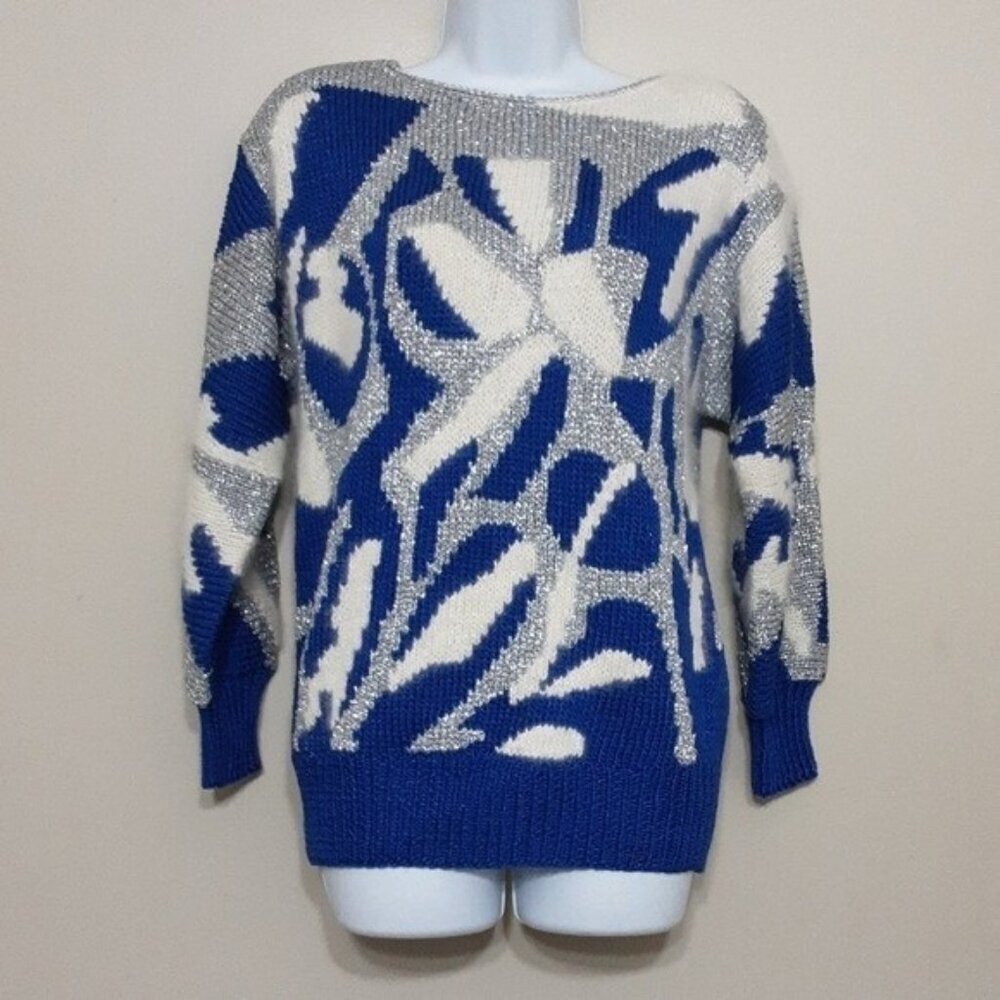 Vintage sweater Nanell women S oversized hand knit wool silver Bleu Y2K retro